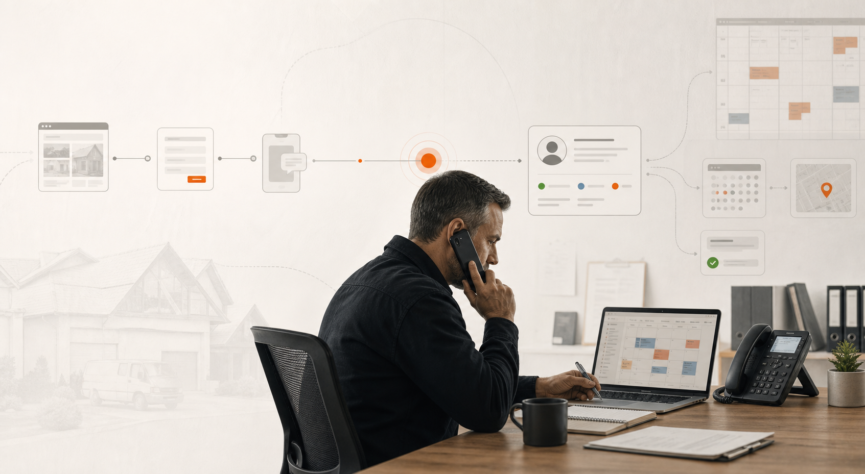 A home service operator on a phone call with intake automation visible behind the scenes.