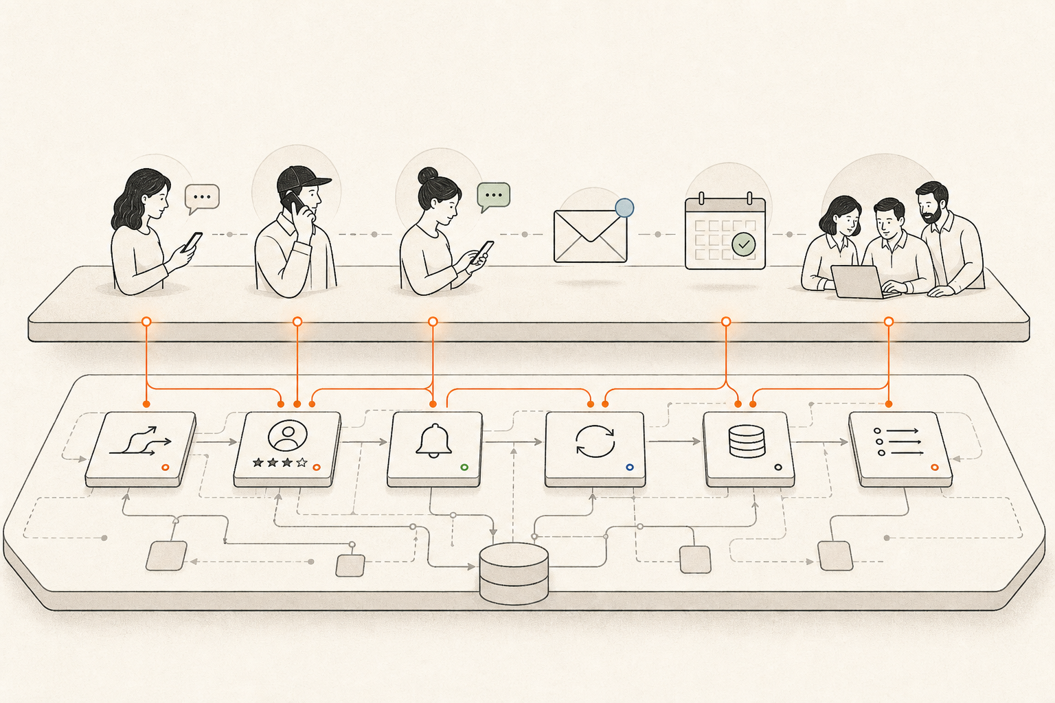 A diagram showing customer conversations above the automation and infrastructure layer where Service Lab systems handle routing, alerts, records, and follow-up.
